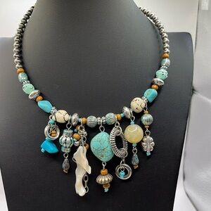 Turquoise Beads Brown Silvertone Beaded Statement Necklace Collar Style